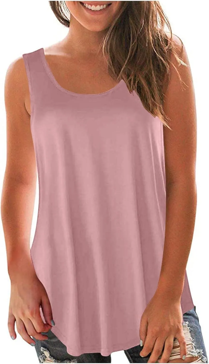 2025 Summer Sleeveless Top for Women Loose Fit Crewnek Tank Tops Solid Color Casual Basic Swing Tunics Tee Shirt
