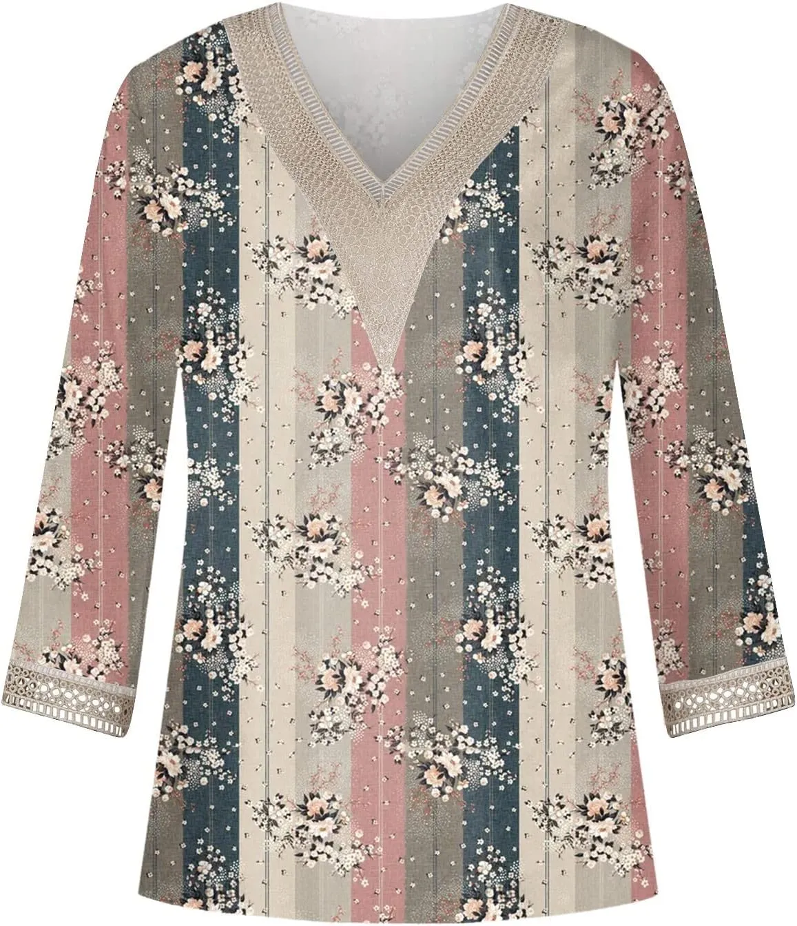 3/4 Length Sleeve Womens Tops 2025 Lace V Neck Shirt Flowers Print Tunic Tops Trendy Floral Blouses T Shirts;Womens Fashion