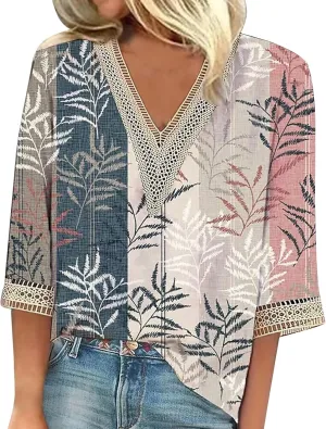 3/4 Length Sleeve Womens Tops 2025 Lace V Neck Shirt Flowers Print Tunic Tops Trendy Floral Blouses T Shirts;Womens Fashion