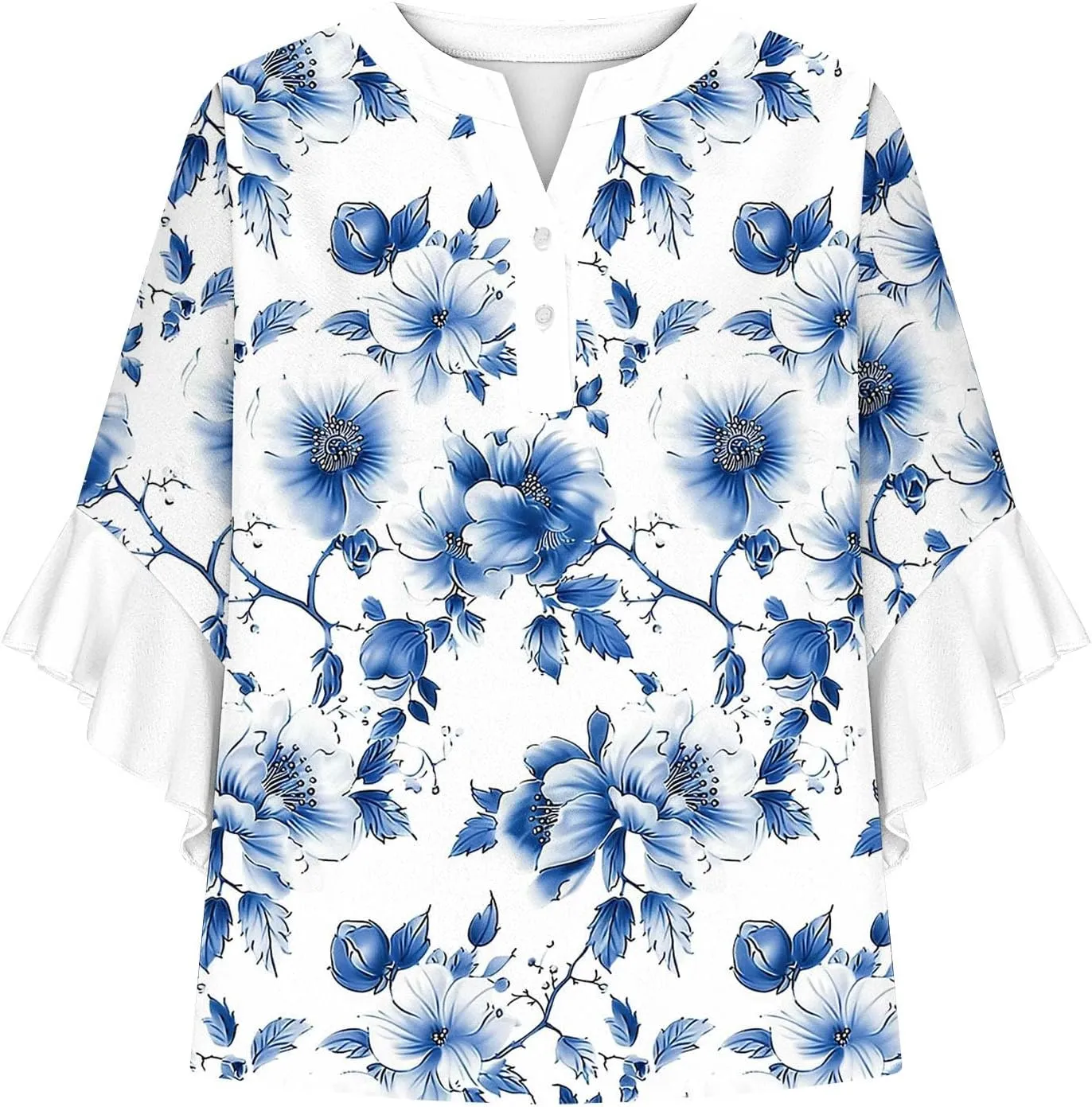 3/4 Length Sleeve Womens Tops Casual V Neck Button Down Shirts Floral Print Flowy Boho Tops 2025 Summer Blouses