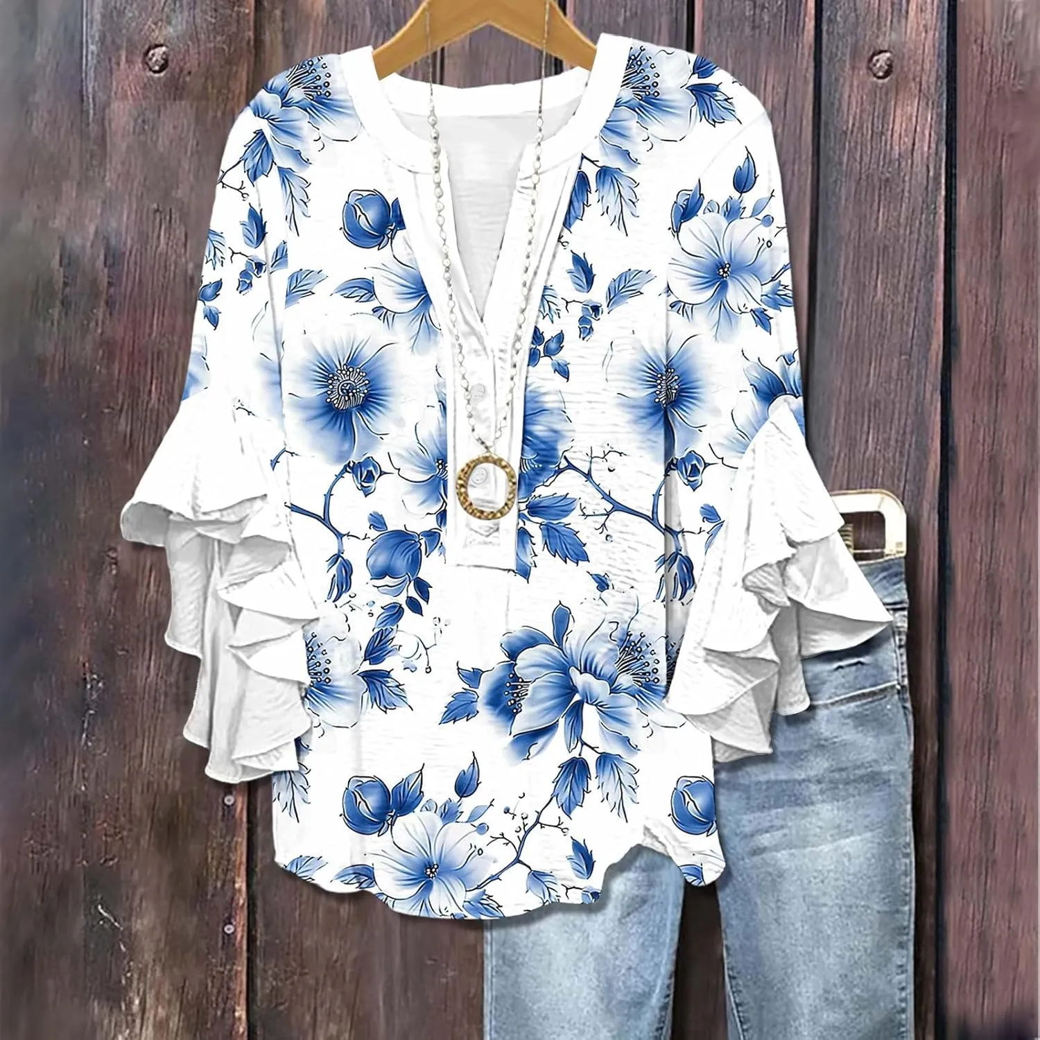 3/4 Length Sleeve Womens Tops Casual V Neck Button Down Shirts Floral Print Flowy Boho Tops 2025 Summer Blouses
