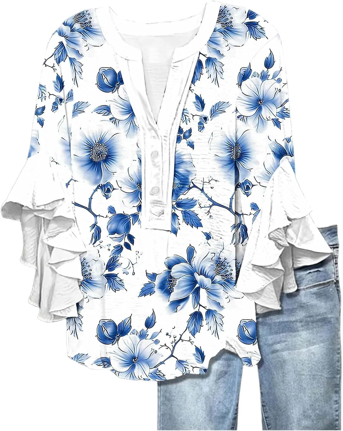 3/4 Length Sleeve Womens Tops Casual V Neck Button Down Shirts Floral Print Flowy Boho Tops 2025 Summer Blouses