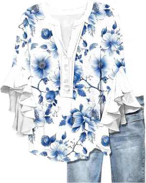 3/4 Length Sleeve Womens Tops Casual V Neck Button Down Shirts Floral Print Flowy Boho Tops 2025 Summer Blouses
