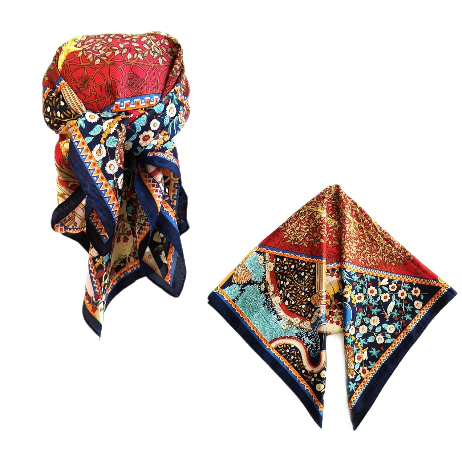 3Pcs Satin Silk Feeling 27.5”Large Square Scarf Hair Wrap for Sleeping Head Night Wrapping Neck Scarves Silk Accessories Breathable Digital Printed Totem Floral with Gift Packed