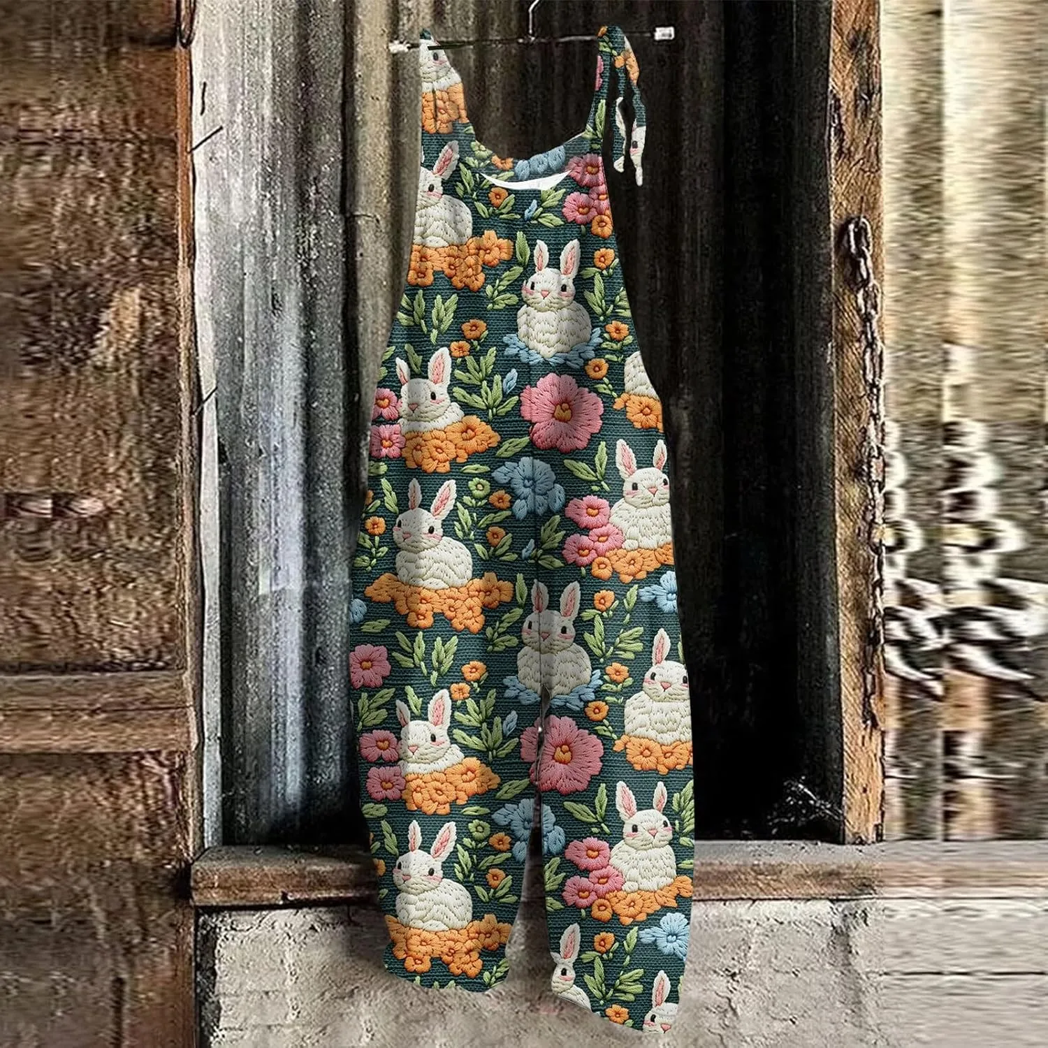 ADHOWBEW Easter Outfit Women Party Funny Egg Bunny Rabbit Graphic Sleeveless Holiday Jumpsuits Cute Rompers