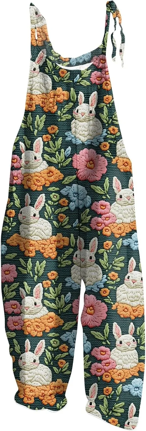 ADHOWBEW Easter Outfit Women Party Funny Egg Bunny Rabbit Graphic Sleeveless Holiday Jumpsuits Cute Rompers