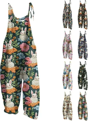 ADHOWBEW Easter Outfit Women Party Funny Egg Bunny Rabbit Graphic Sleeveless Holiday Jumpsuits Cute Rompers