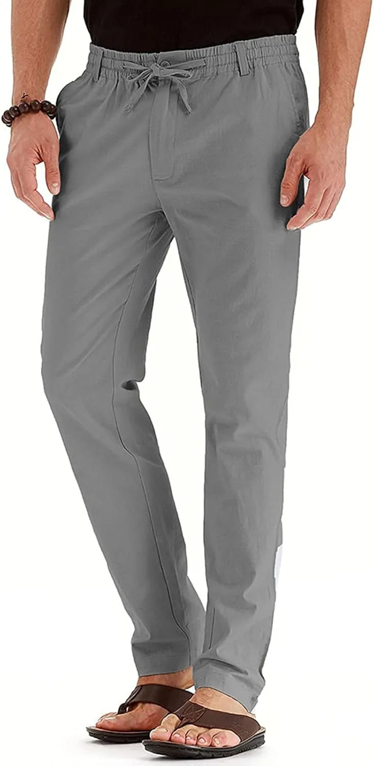 Akklian Cotton Linen Pants 2024 Mens Elastic Waist Drawstring Casual Trouser Lightweight Straight-Legs Loose Beach Yoga Pants