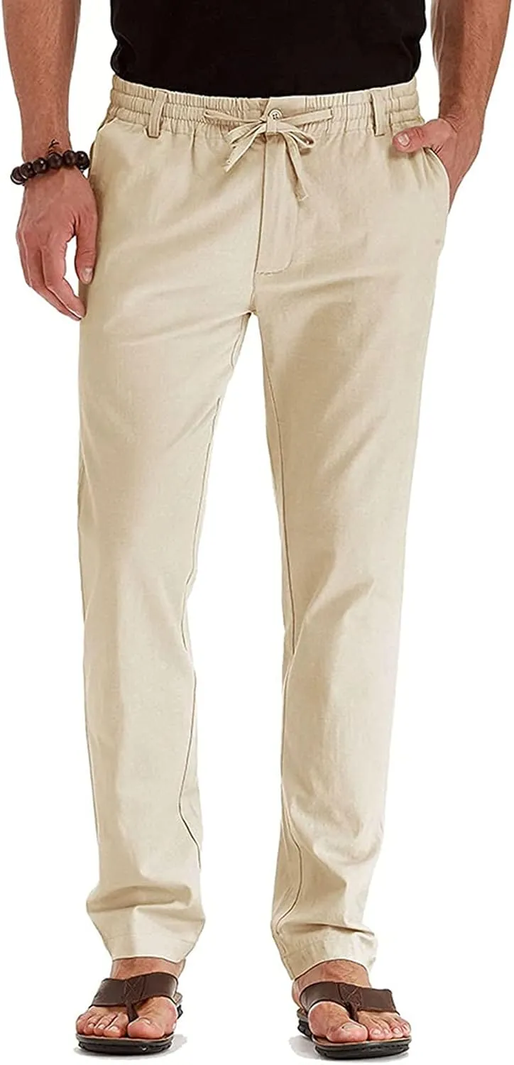 Akklian Cotton Linen Pants 2024 Mens Elastic Waist Drawstring Casual Trouser Lightweight Straight-Legs Loose Beach Yoga Pants