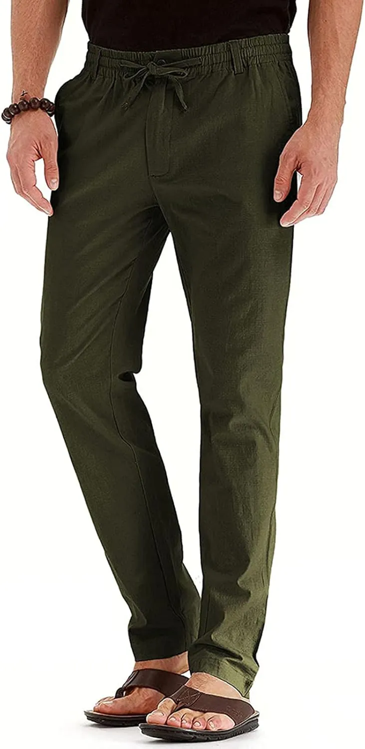 Akklian Cotton Linen Pants 2024 Mens Elastic Waist Drawstring Casual Trouser Lightweight Straight-Legs Loose Beach Yoga Pants