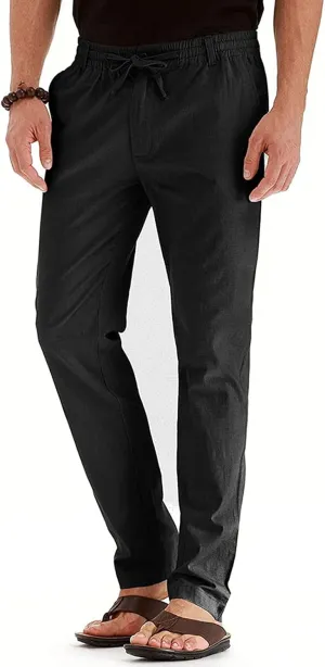 Akklian Cotton Linen Pants 2024 Mens Elastic Waist Drawstring Casual Trouser Lightweight Straight-Legs Loose Beach Yoga Pants