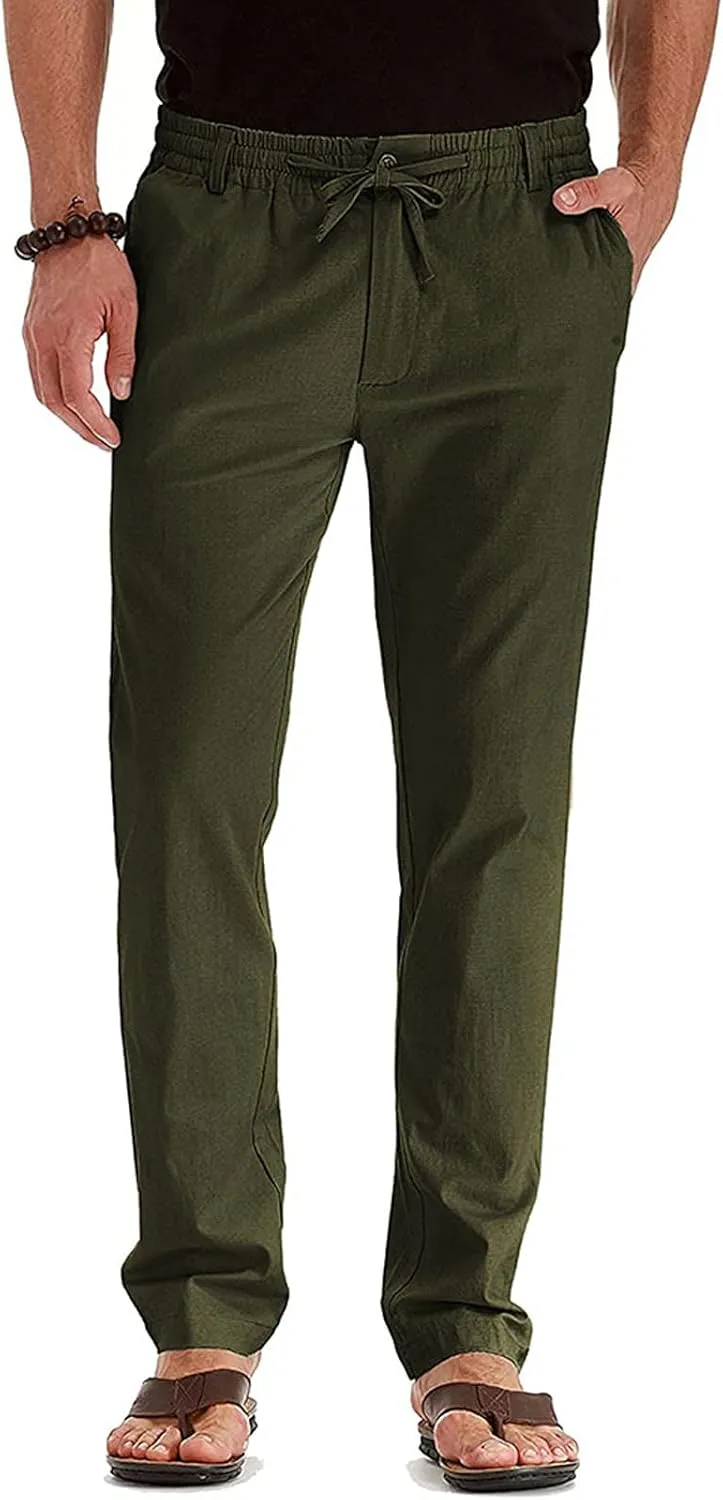 Akklian Cotton Linen Pants 2024 Mens Elastic Waist Drawstring Casual Trouser Lightweight Straight-Legs Loose Beach Yoga Pants