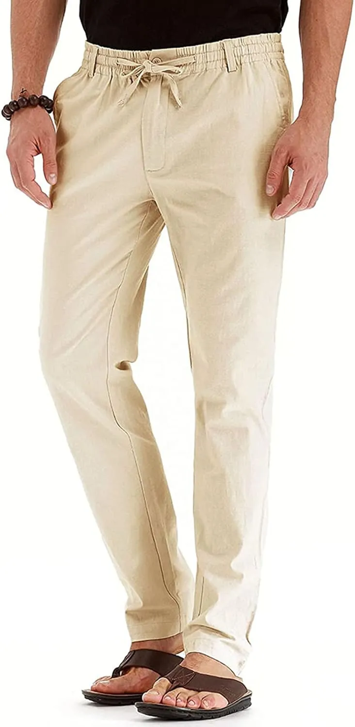 Akklian Cotton Linen Pants 2024 Mens Elastic Waist Drawstring Casual Trouser Lightweight Straight-Legs Loose Beach Yoga Pants