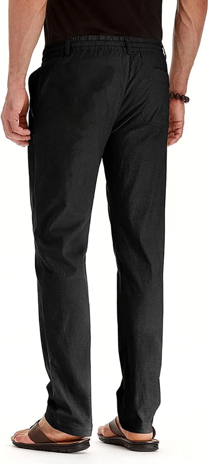 Akklian Cotton Linen Pants 2024 Mens Elastic Waist Drawstring Casual Trouser Lightweight Straight-Legs Loose Beach Yoga Pants