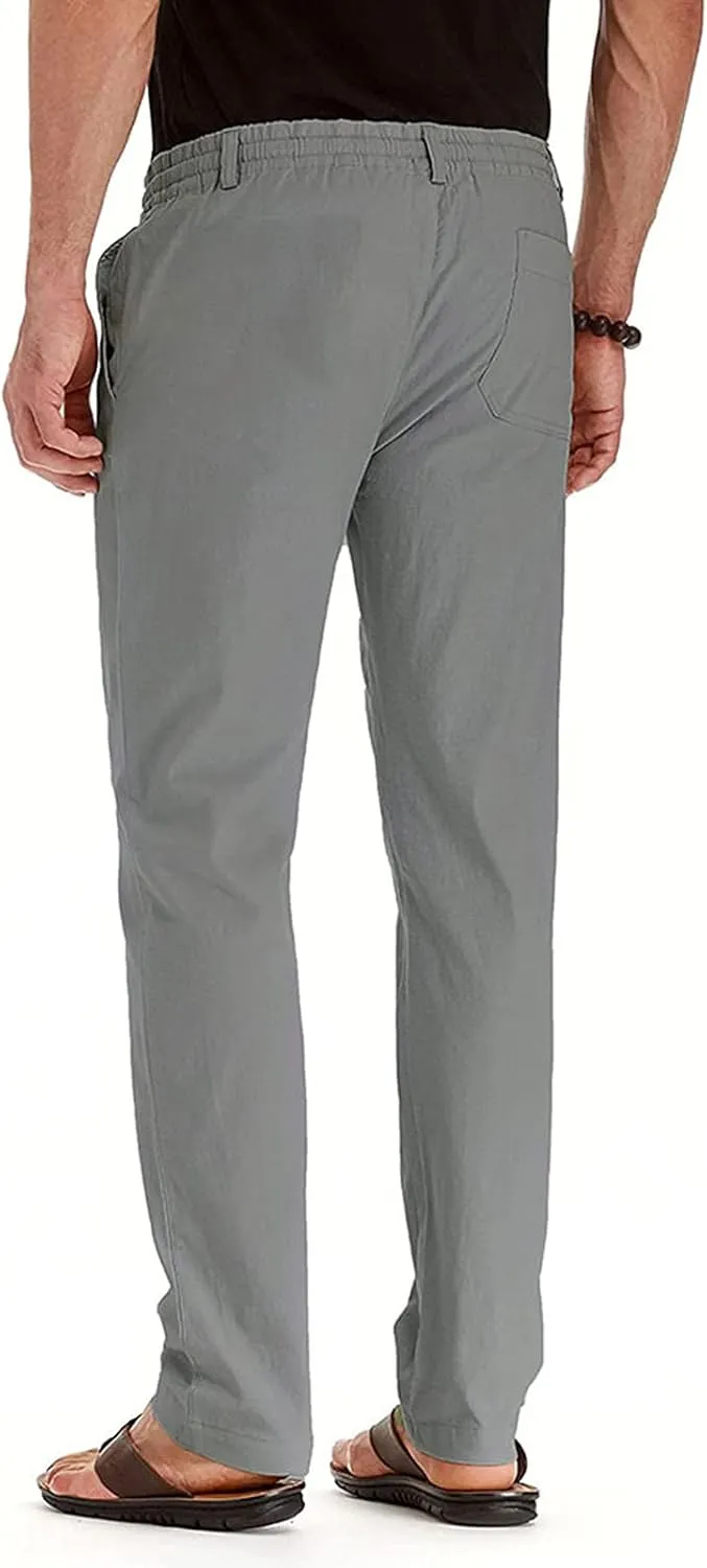 Akklian Cotton Linen Pants 2024 Mens Elastic Waist Drawstring Casual Trouser Lightweight Straight-Legs Loose Beach Yoga Pants
