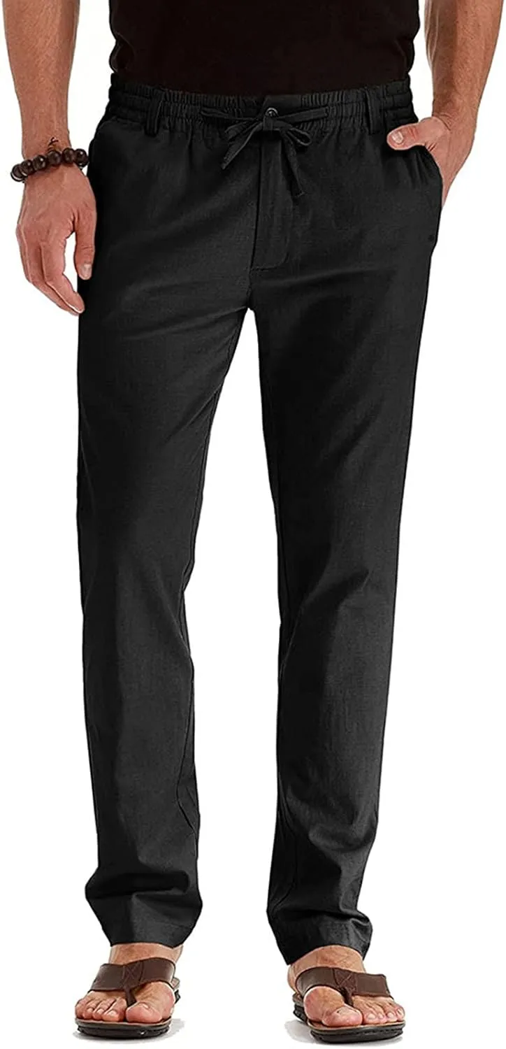 Akklian Cotton Linen Pants 2024 Mens Elastic Waist Drawstring Casual Trouser Lightweight Straight-Legs Loose Beach Yoga Pants