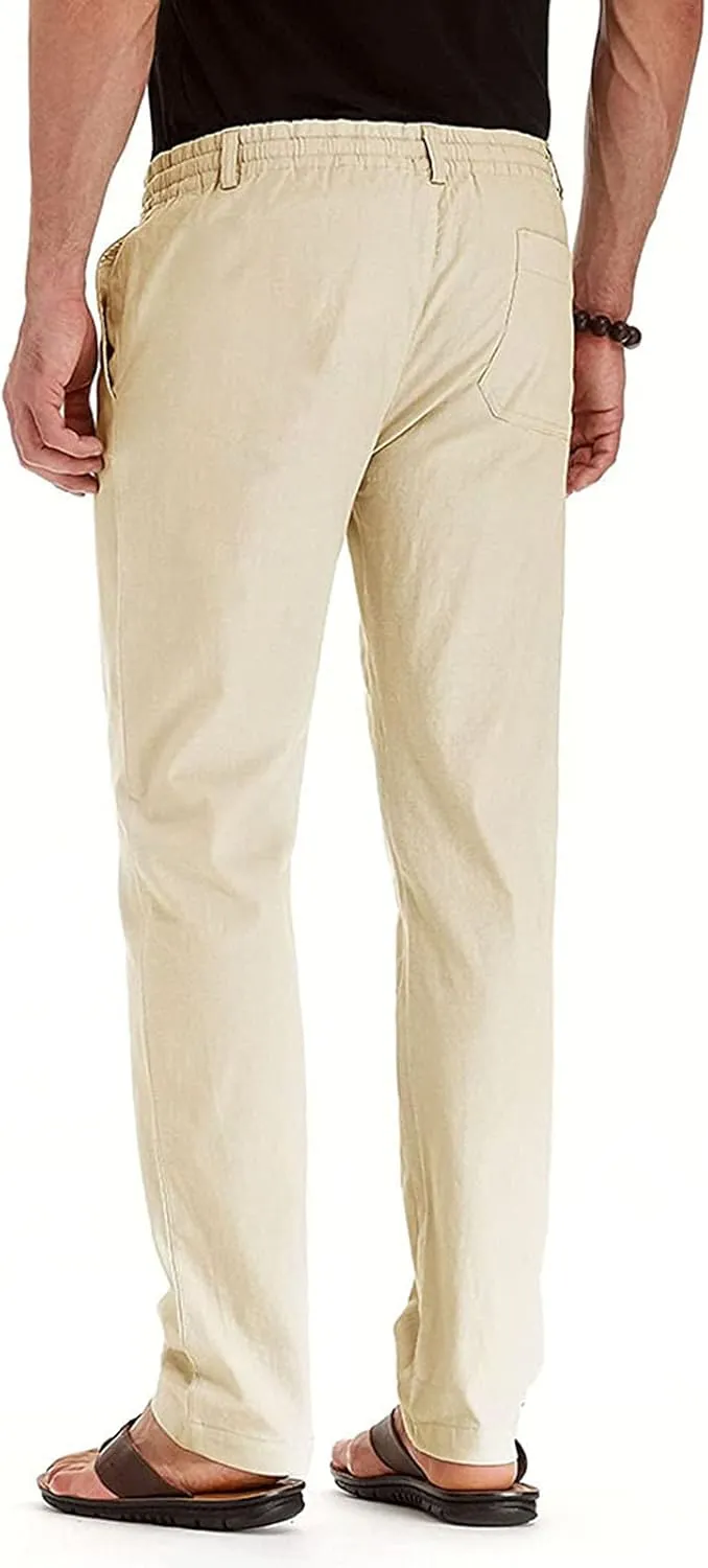 Akklian Cotton Linen Pants 2024 Mens Elastic Waist Drawstring Casual Trouser Lightweight Straight-Legs Loose Beach Yoga Pants