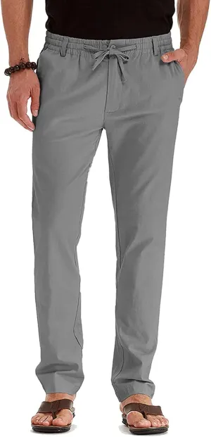 Akklian Cotton Linen Pants 2024 Mens Elastic Waist Drawstring Casual Trouser Lightweight Straight-Legs Loose Beach Yoga Pants