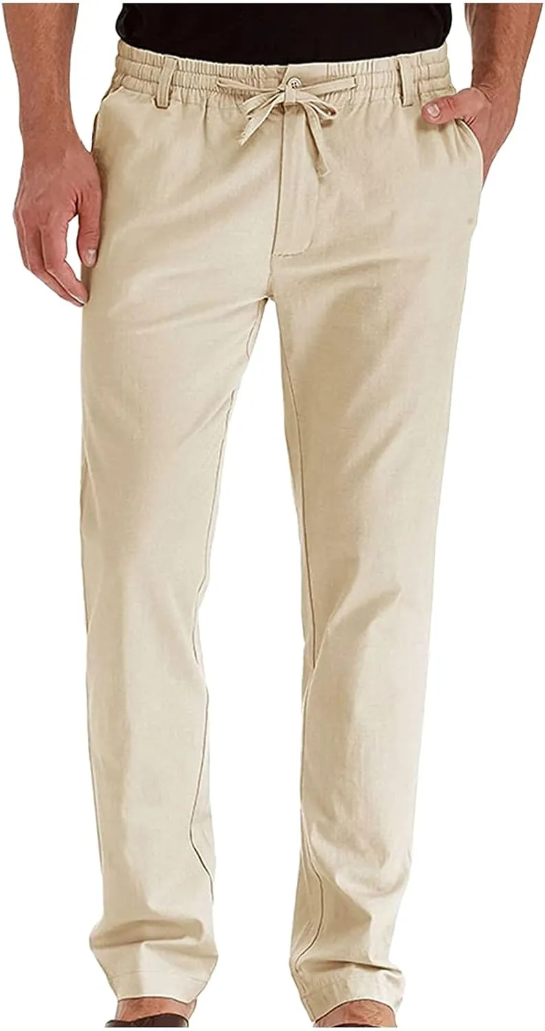 Akklian Cotton Linen Pants 2024 Mens Elastic Waist Drawstring Casual Trouser Lightweight Straight-Legs Loose Beach Yoga Pants