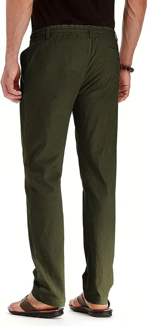 Akklian Cotton Linen Pants 2024 Mens Elastic Waist Drawstring Casual Trouser Lightweight Straight-Legs Loose Beach Yoga Pants