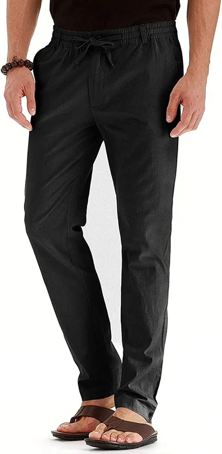 Akklian Cotton Linen Pants 2024 Mens Elastic Waist Drawstring Casual Trouser Lightweight Straight-Legs Loose Beach Yoga Pants
