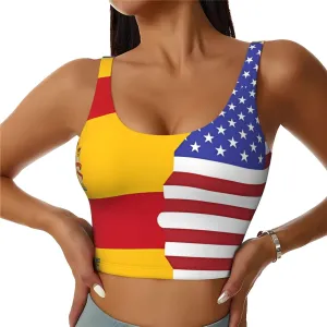 American Spain Flag Women's Sexy Sports Vest Sleeveless Athletic Gym T-Shirts Vest U-Shaped Back Quick Dry Top