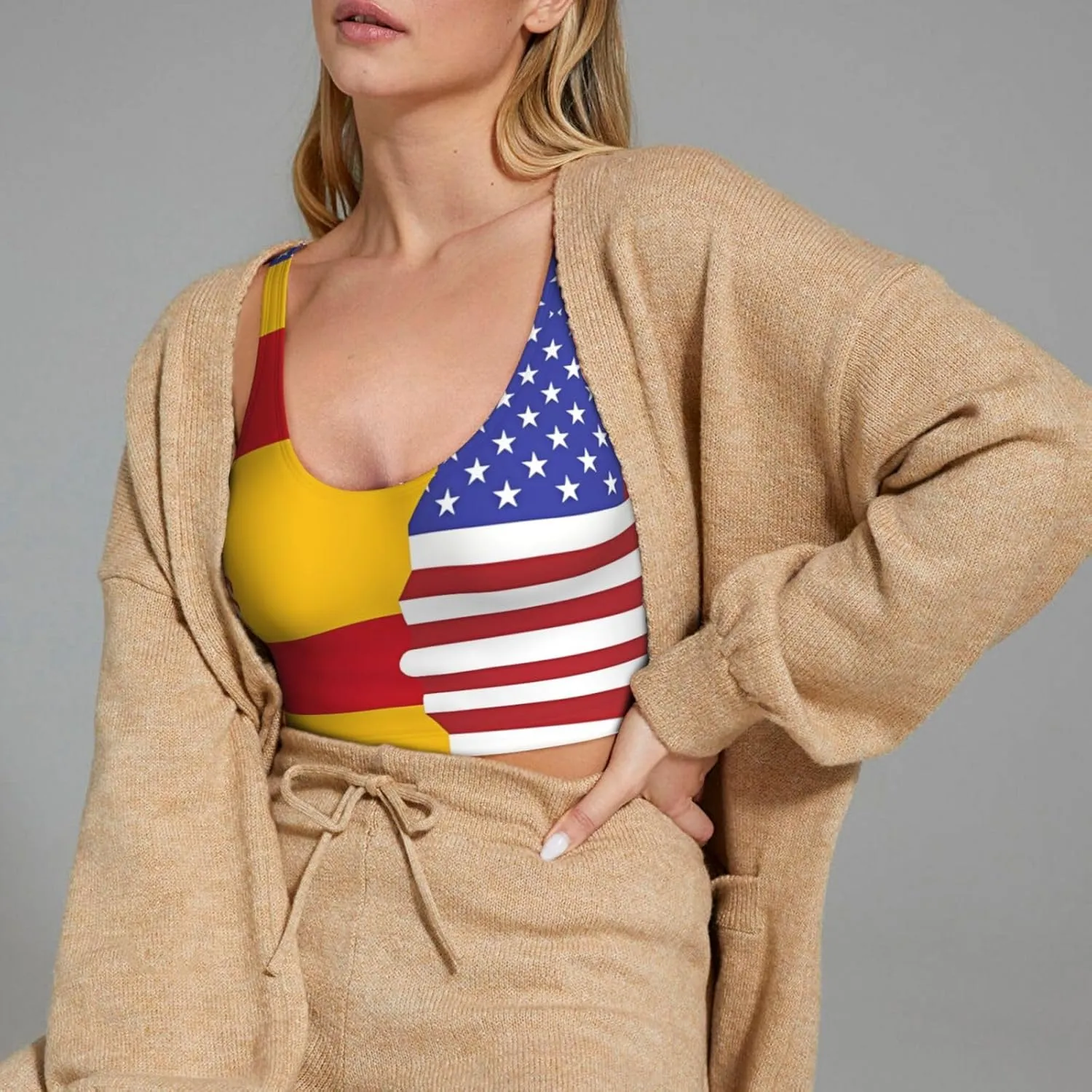 American Spain Flag Women's Sexy Sports Vest Sleeveless Athletic Gym T-Shirts Vest U-Shaped Back Quick Dry Top