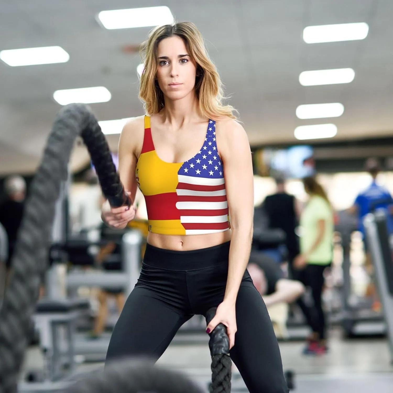 American Spain Flag Women's Sexy Sports Vest Sleeveless Athletic Gym T-Shirts Vest U-Shaped Back Quick Dry Top