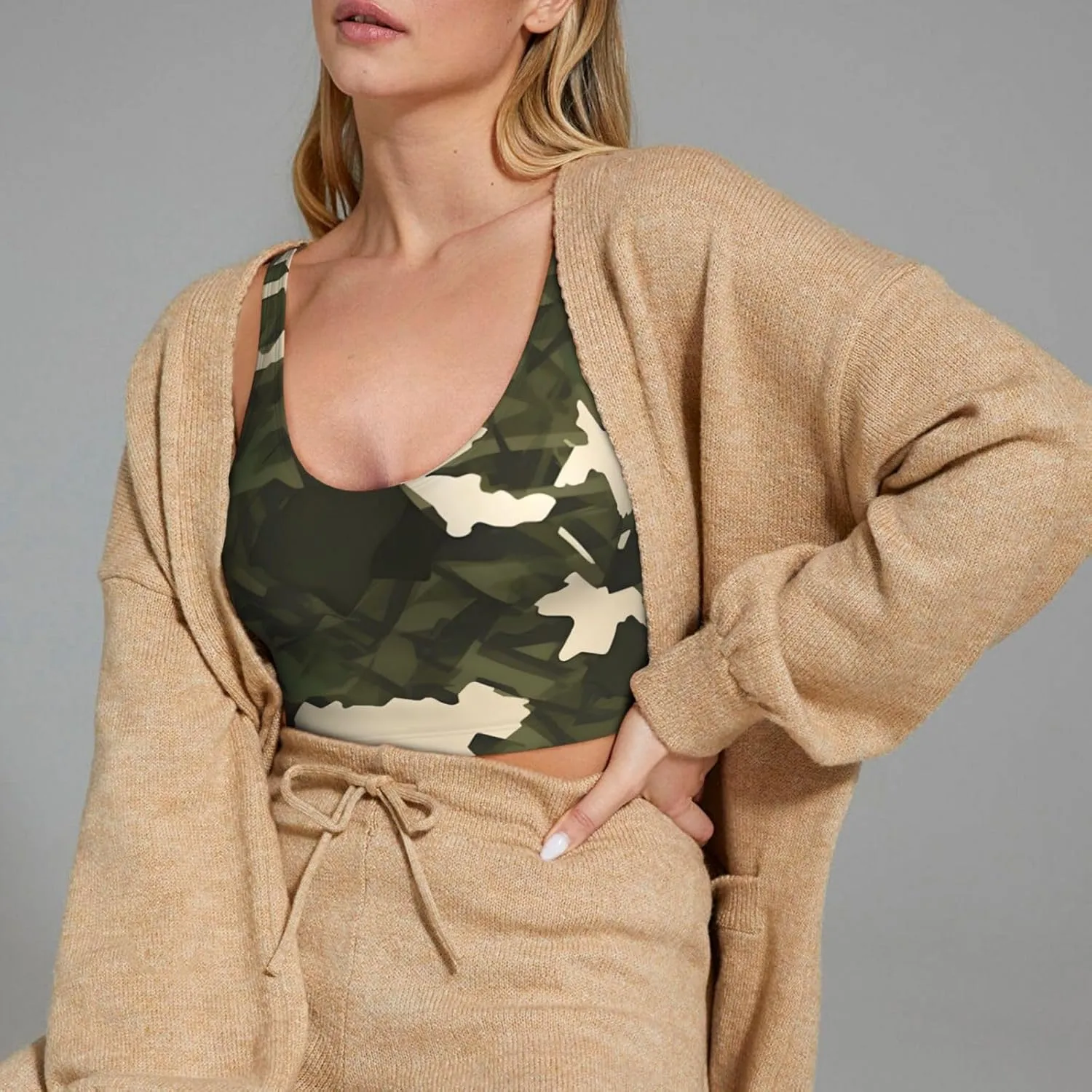 Army Camouflage Women's Sexy Sports Vest Sleeveless Athletic Gym T-Shirts Vest U-Shaped Back Quick Dry Top