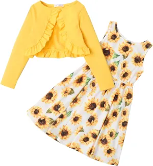 Arshiner Toddler Dress and Cardigan Girl Floral Print Sleeveless Sundress and Long Sleeve Shrugs Sets