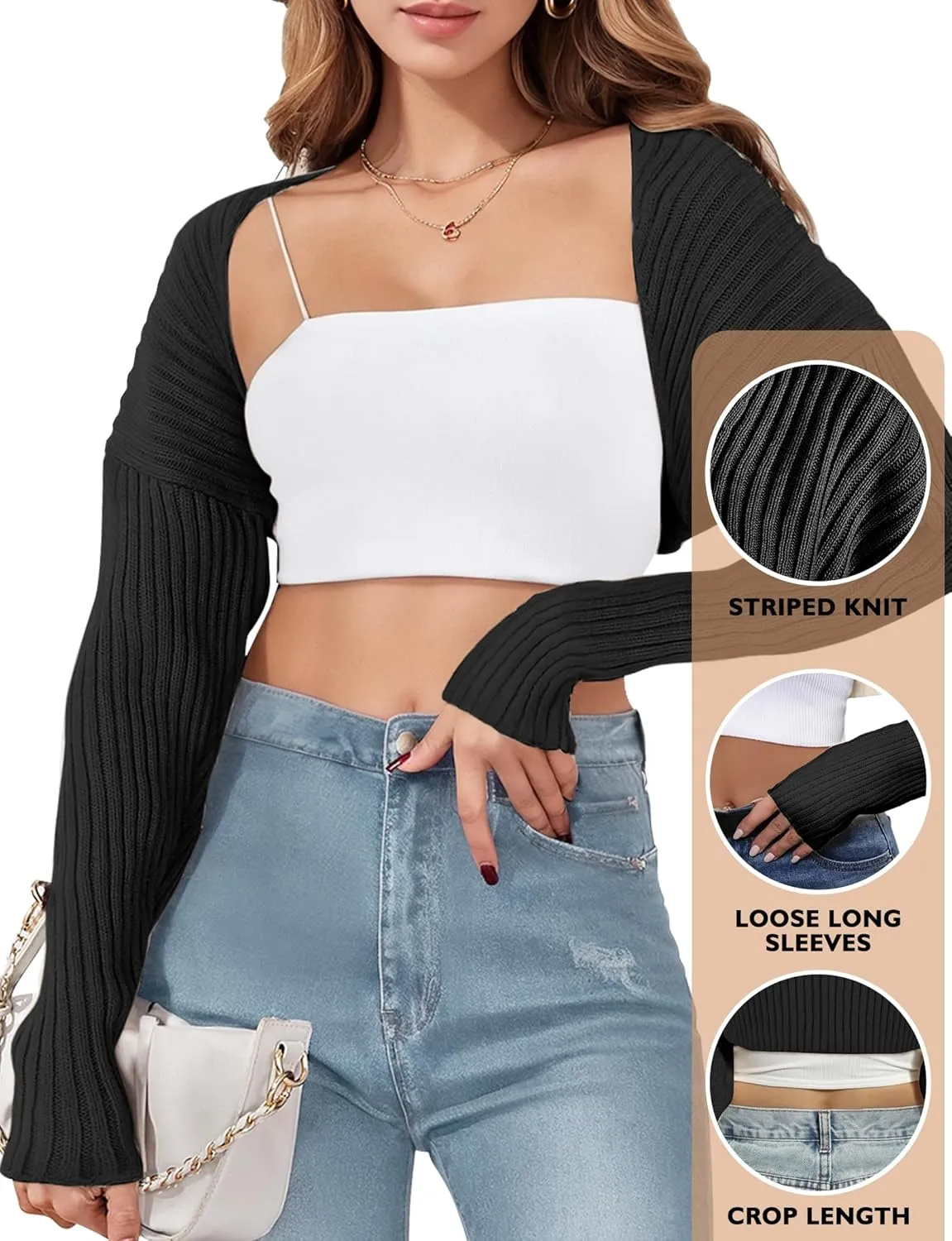 AURUZA Cropped Cardigan Shrugs for Women Bolero Open Front Crop Sweater Long Sleeve Cardigan Fall Outfits Knit Tops Clothes