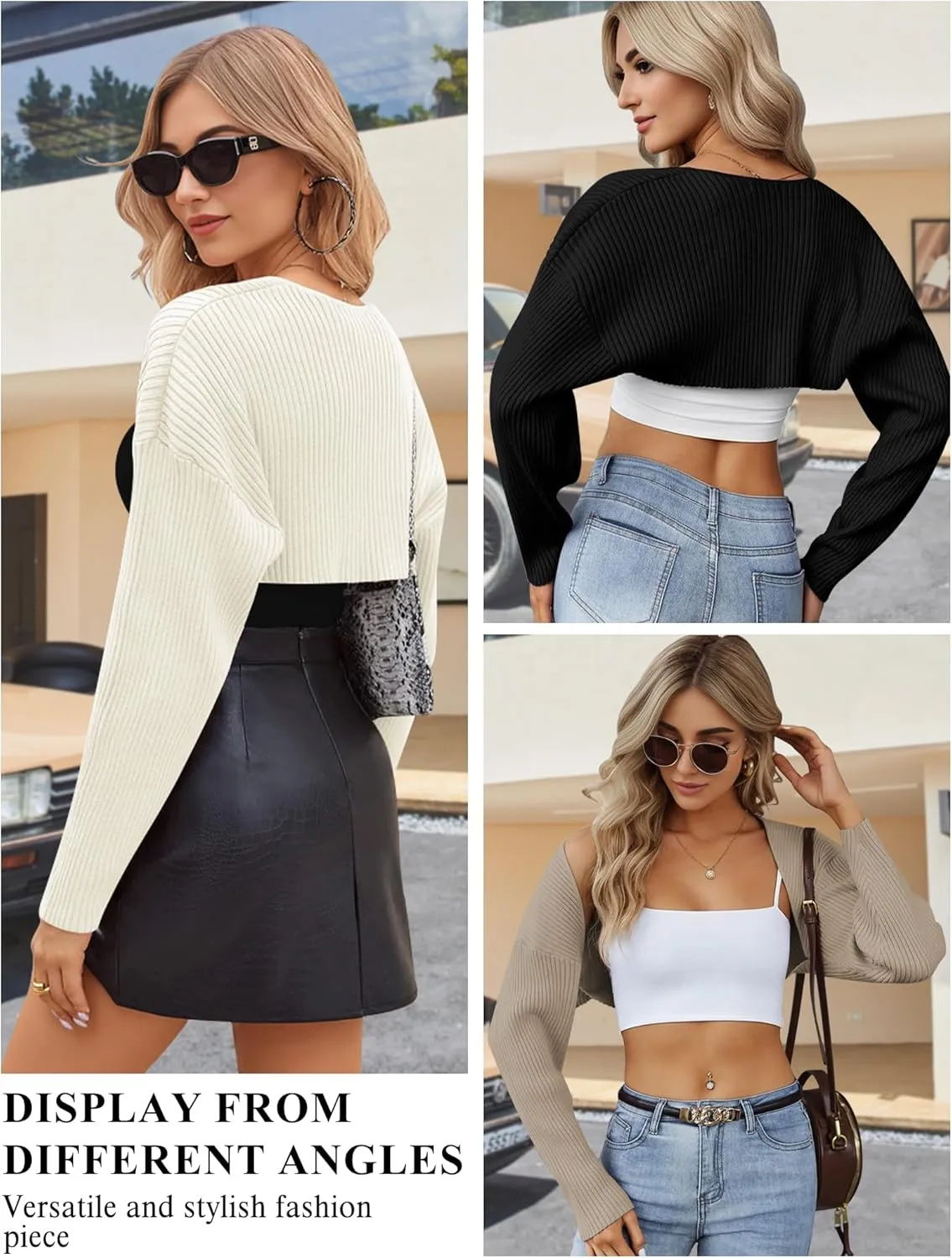 AURUZA Cropped Cardigan Shrugs for Women Bolero Open Front Crop Sweater Long Sleeve Cardigan Fall Outfits Knit Tops Clothes