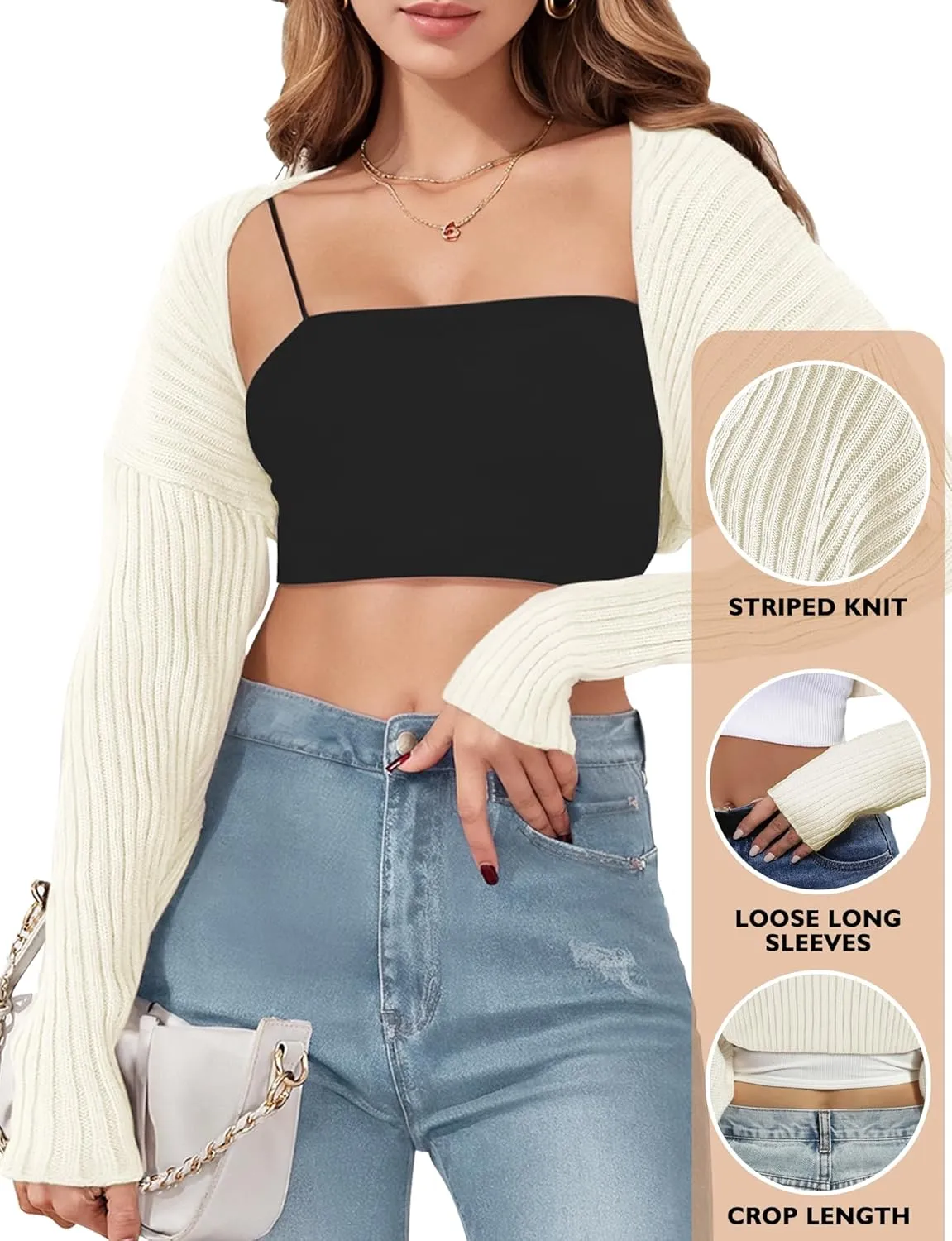 AURUZA Cropped Cardigan Shrugs for Women Bolero Open Front Crop Sweater Long Sleeve Cardigan Fall Outfits Knit Tops Clothes