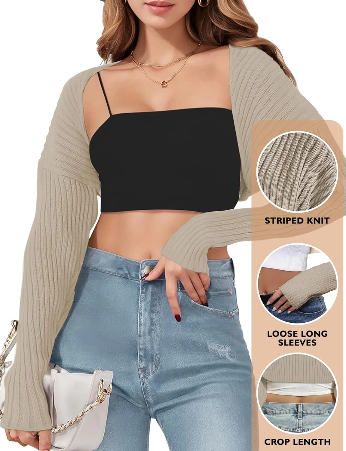 AURUZA Cropped Cardigan Shrugs for Women Bolero Open Front Crop Sweater Long Sleeve Cardigan Fall Outfits Knit Tops Clothes