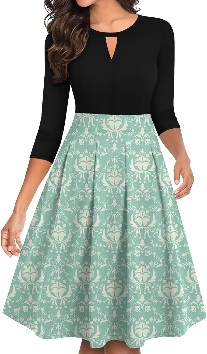 Azeralia Dresses for Women 3/4 Sleeve Round Neck Dresses Printed Elegant Tunic Dress Casual Comfort Fall Dresses