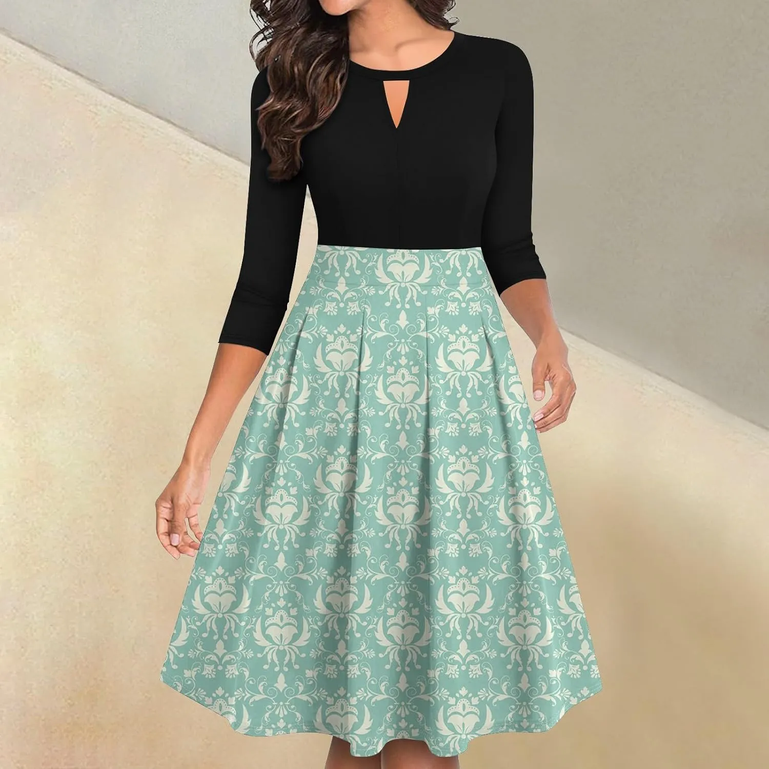 Azeralia Dresses for Women 3/4 Sleeve Round Neck Dresses Printed Elegant Tunic Dress Casual Comfort Fall Dresses