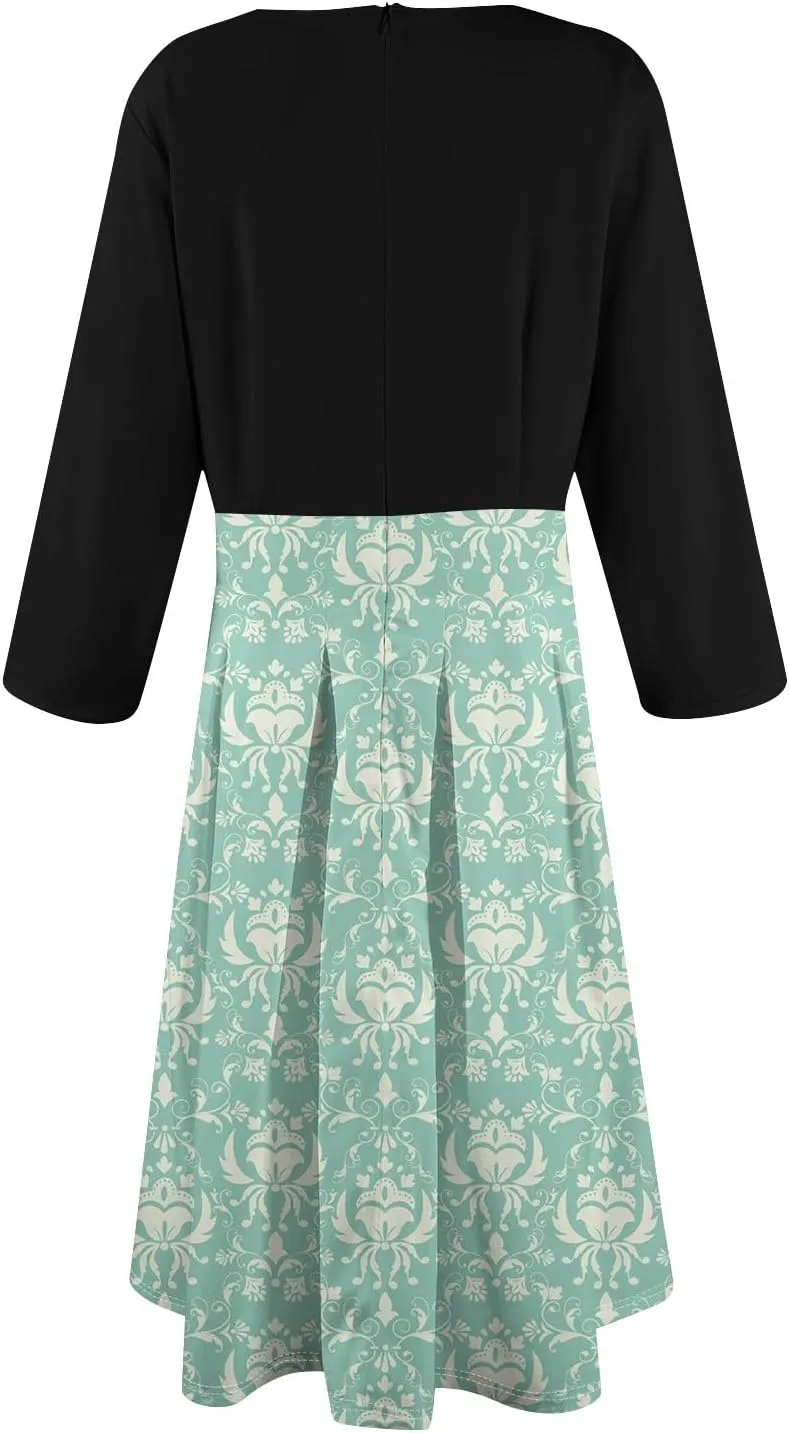 Azeralia Dresses for Women 3/4 Sleeve Round Neck Dresses Printed Elegant Tunic Dress Casual Comfort Fall Dresses