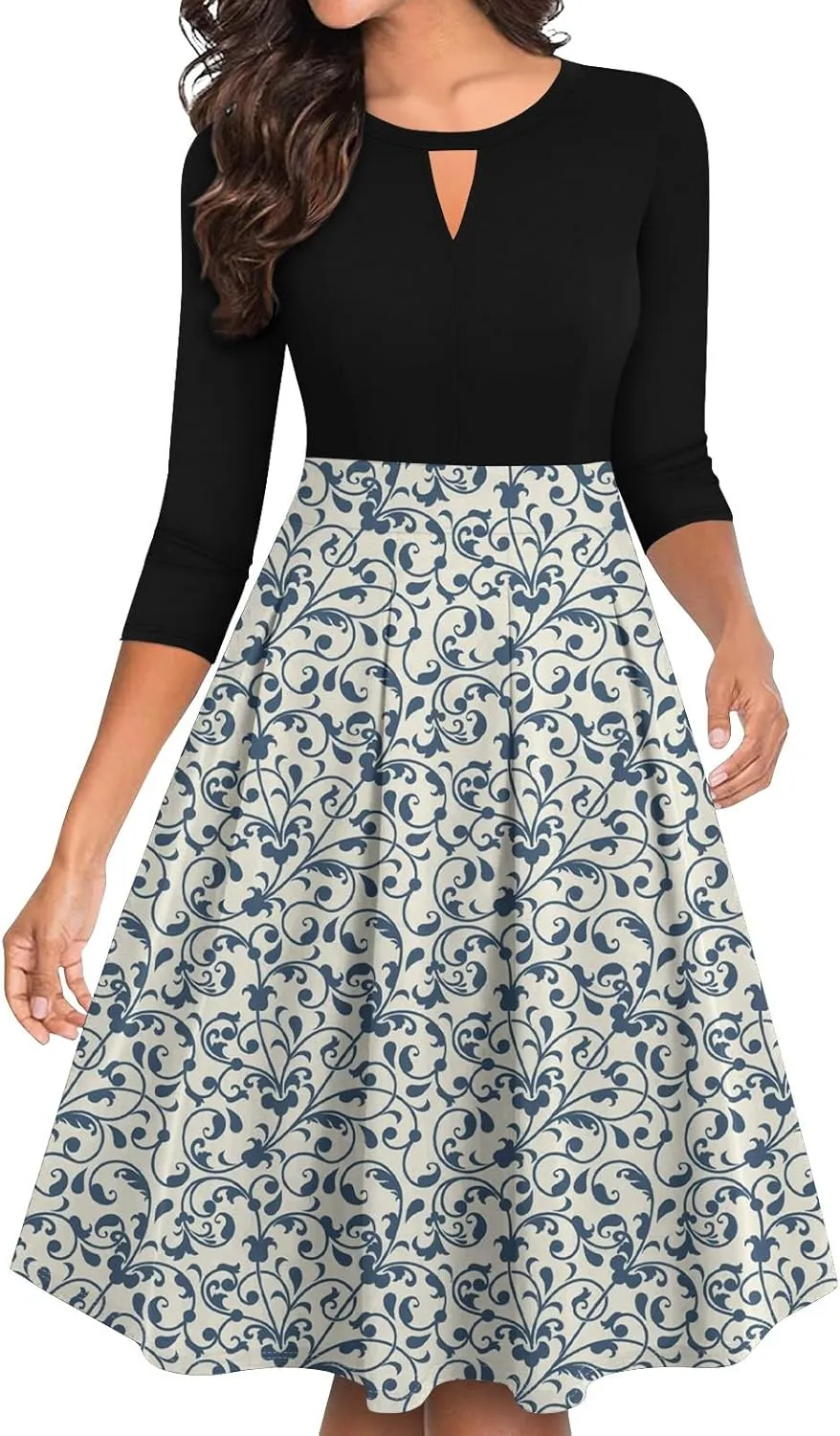 Azeralia Dresses for Women 3/4 Sleeve Round Neck Dresses Printed Elegant Tunic Dress Casual Comfort Fall Dresses