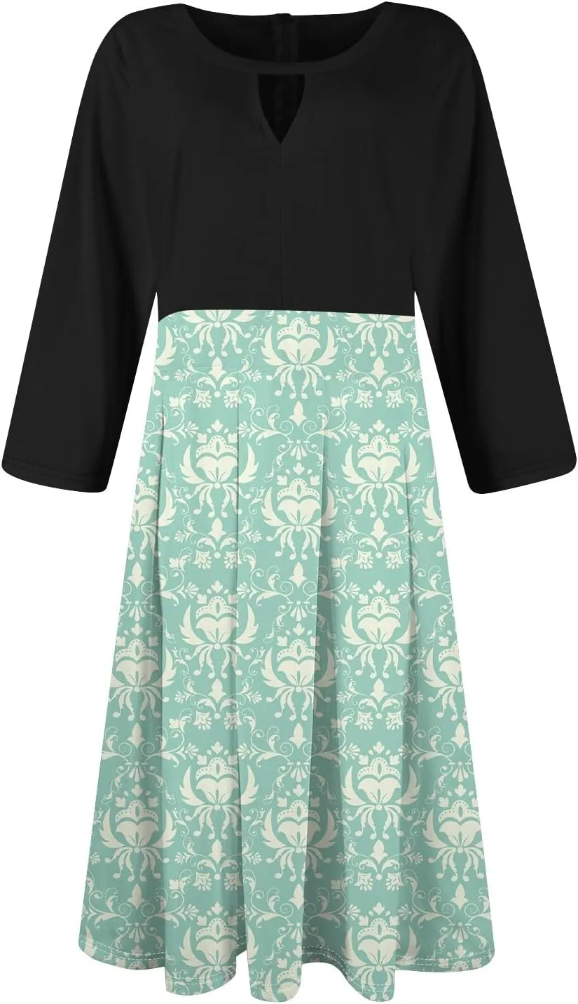 Azeralia Dresses for Women 3/4 Sleeve Round Neck Dresses Printed Elegant Tunic Dress Casual Comfort Fall Dresses