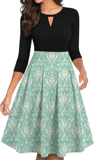 Azeralia Dresses for Women 3/4 Sleeve Round Neck Dresses Printed Elegant Tunic Dress Casual Comfort Fall Dresses