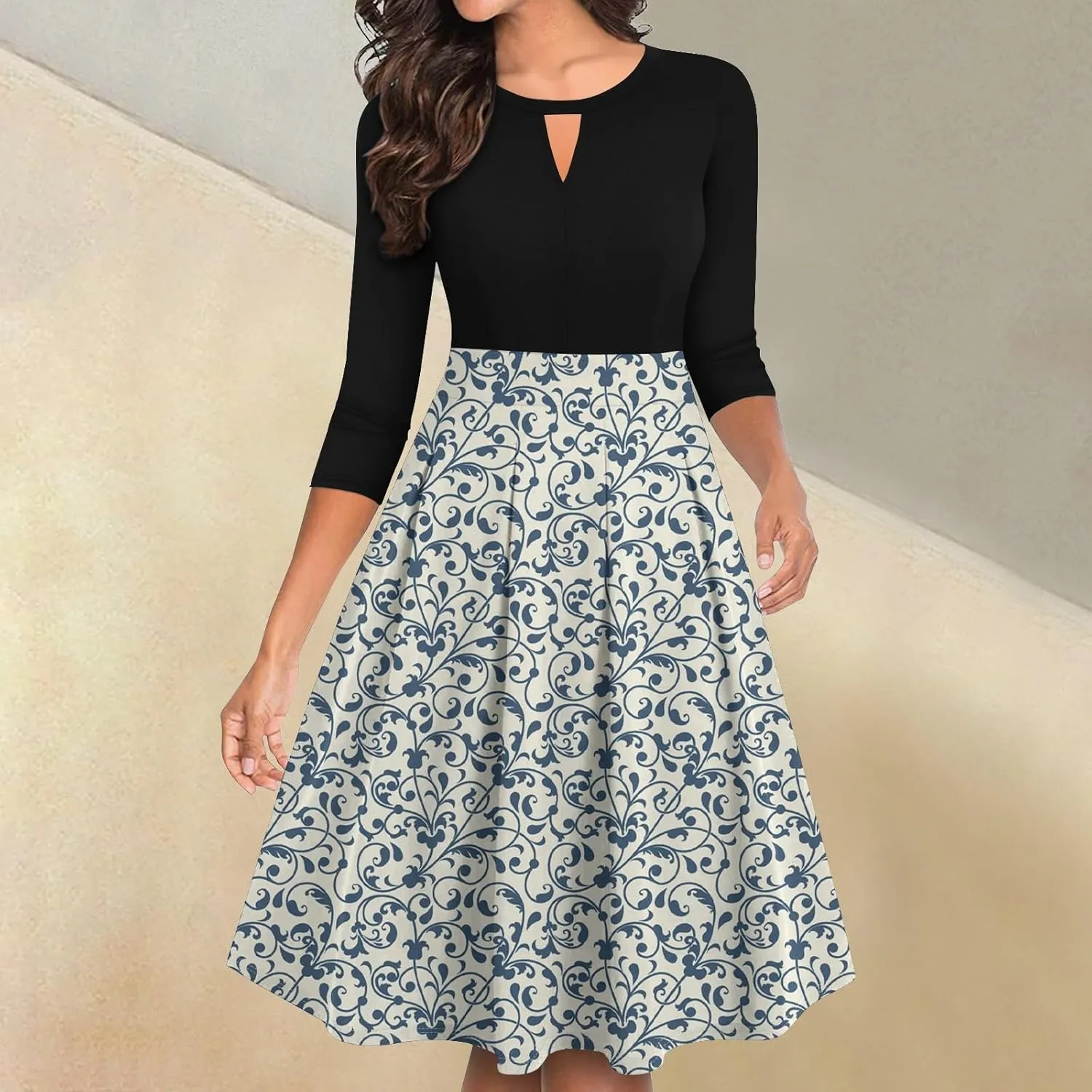 Azeralia Dresses for Women 3/4 Sleeve Round Neck Dresses Printed Elegant Tunic Dress Casual Comfort Fall Dresses