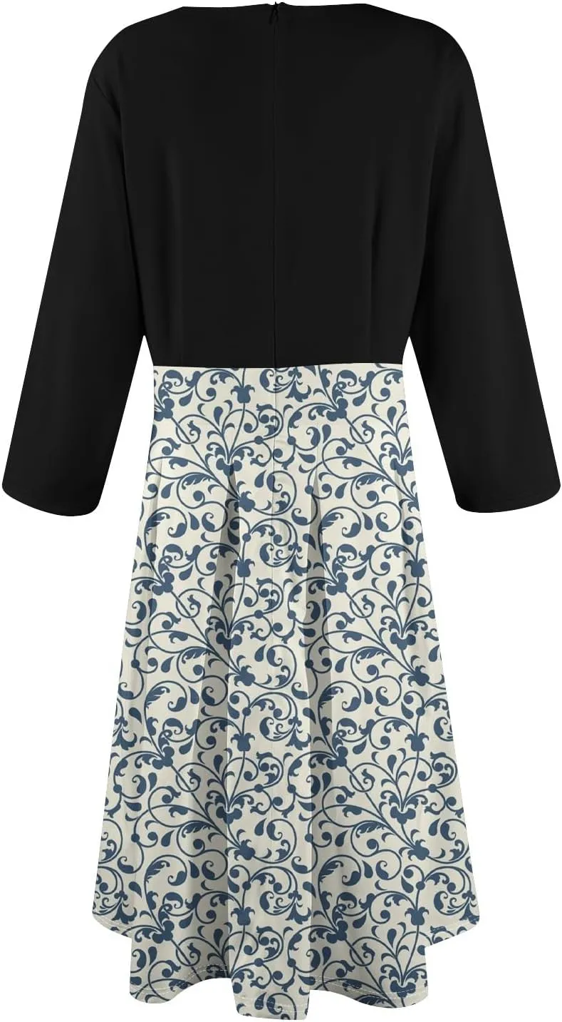 Azeralia Dresses for Women 3/4 Sleeve Round Neck Dresses Printed Elegant Tunic Dress Casual Comfort Fall Dresses