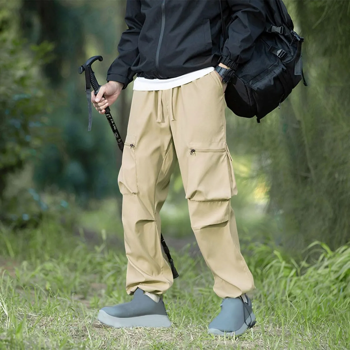 Baggy Cargo Pants Men Multi-Pockets Solid Color Hiking Pants Elastic Waist Drawstring Outdoor Pants Straight Leg Pants