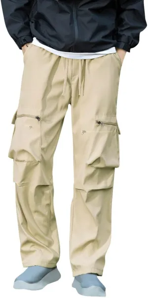 Baggy Cargo Pants Men Multi-Pockets Solid Color Hiking Pants Elastic Waist Drawstring Outdoor Pants Straight Leg Pants