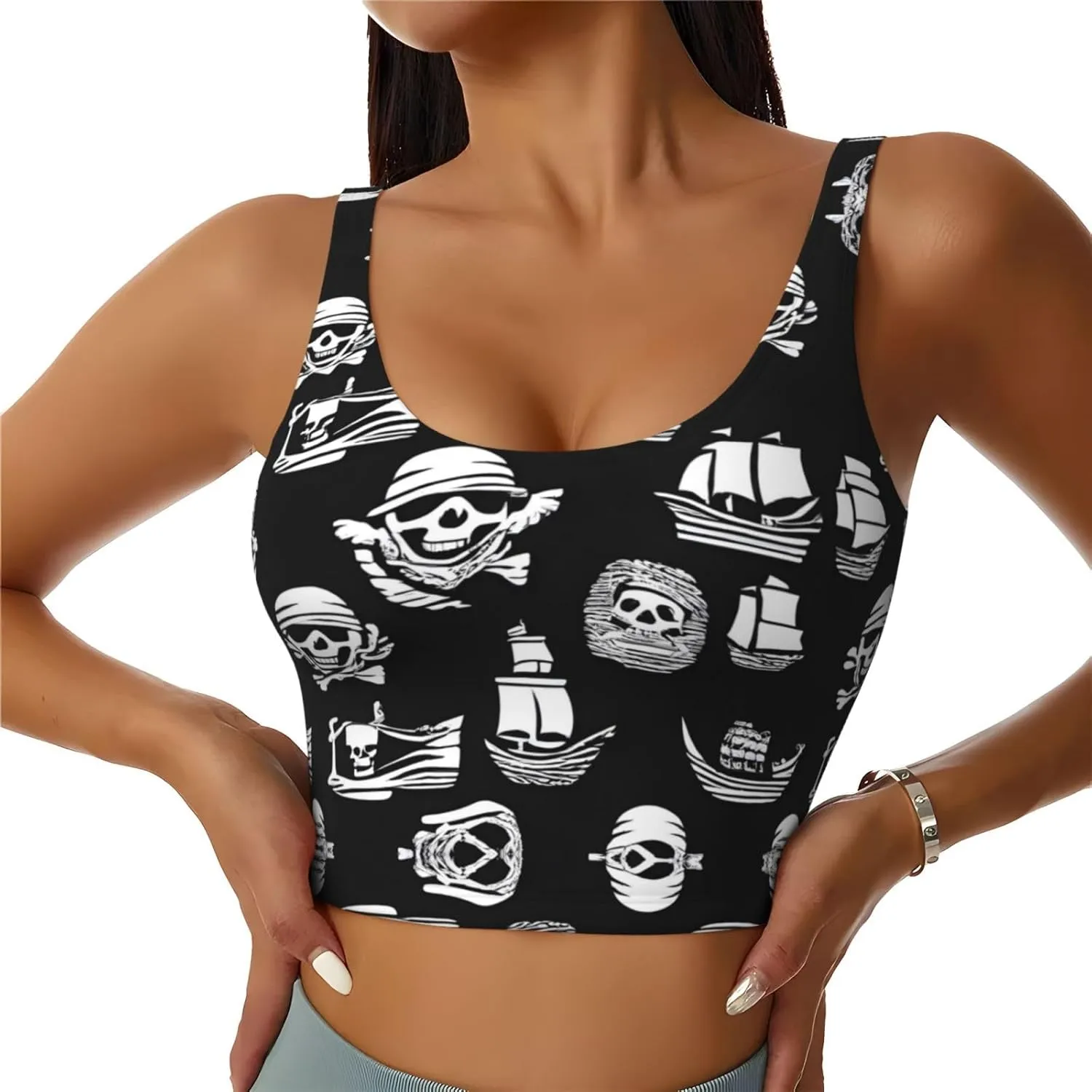 Black and White Pirates Women's Sexy Sports Vest Sleeveless Athletic Gym T-Shirts Vest U-Shaped Back Quick Dry Top