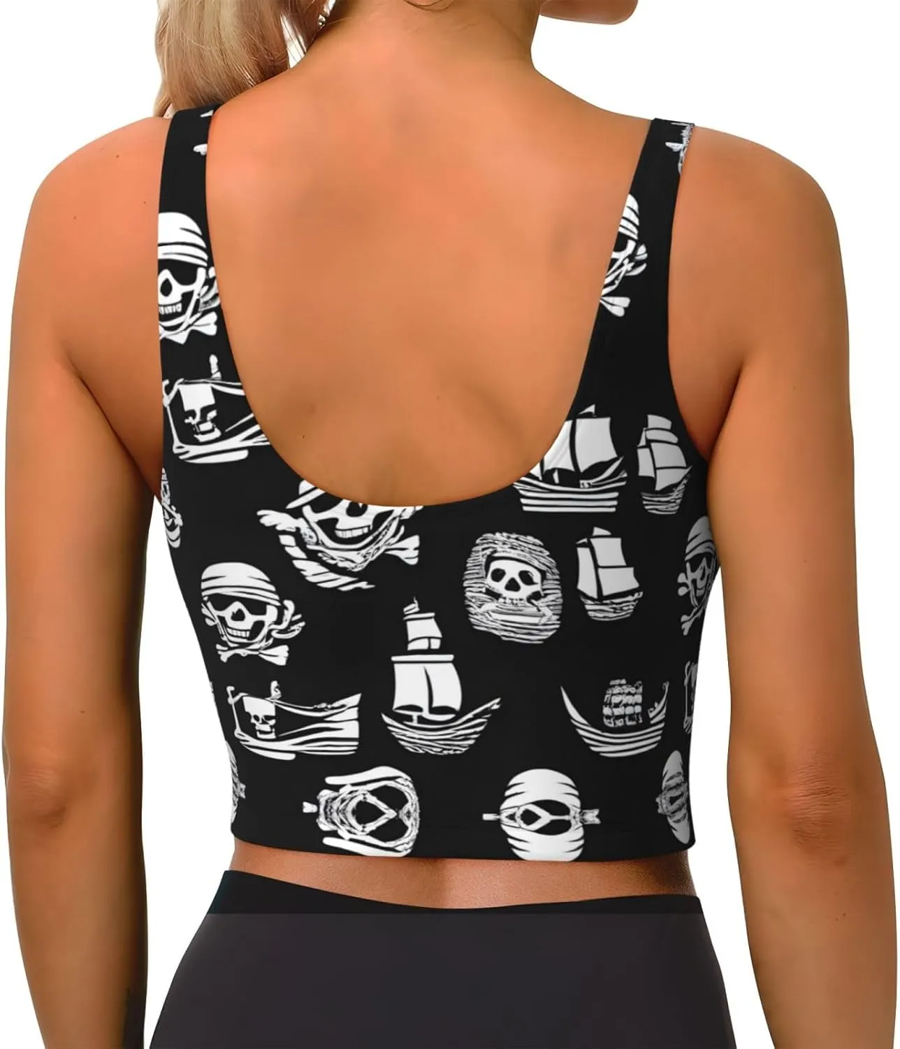 Black and White Pirates Women's Sexy Sports Vest Sleeveless Athletic Gym T-Shirts Vest U-Shaped Back Quick Dry Top