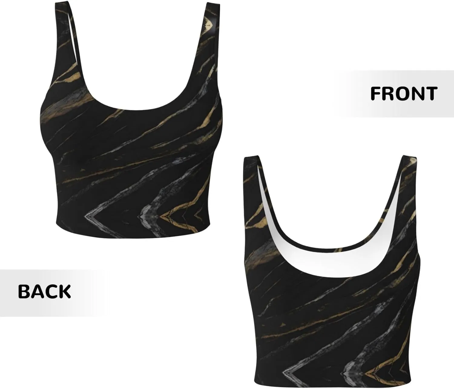 Black Gold Textured Marble Women's Sexy Sports Vest Sleeveless Athletic Gym T-Shirts Vest U-Shaped Back Quick Dry Top