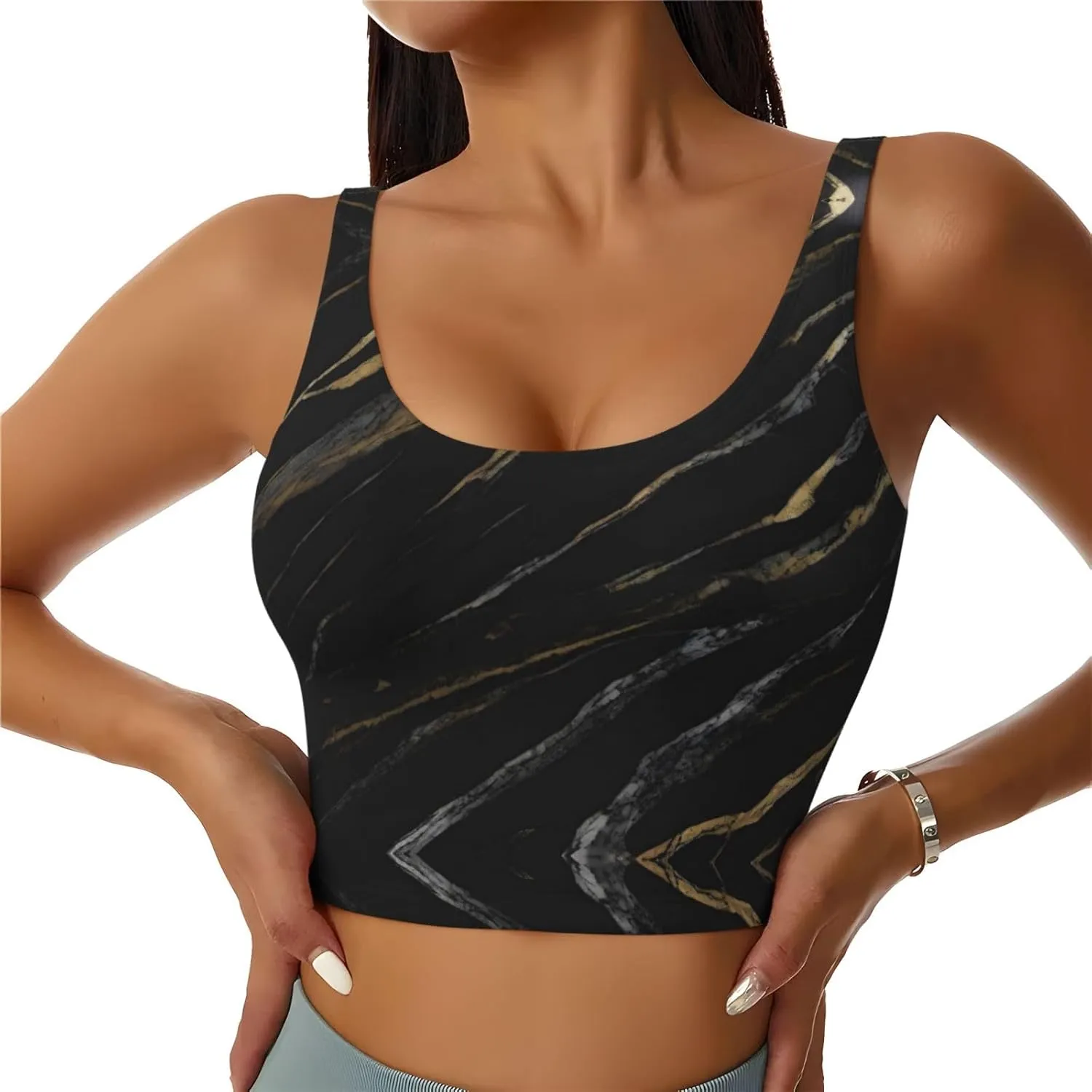 Black Gold Textured Marble Women's Sexy Sports Vest Sleeveless Athletic Gym T-Shirts Vest U-Shaped Back Quick Dry Top
