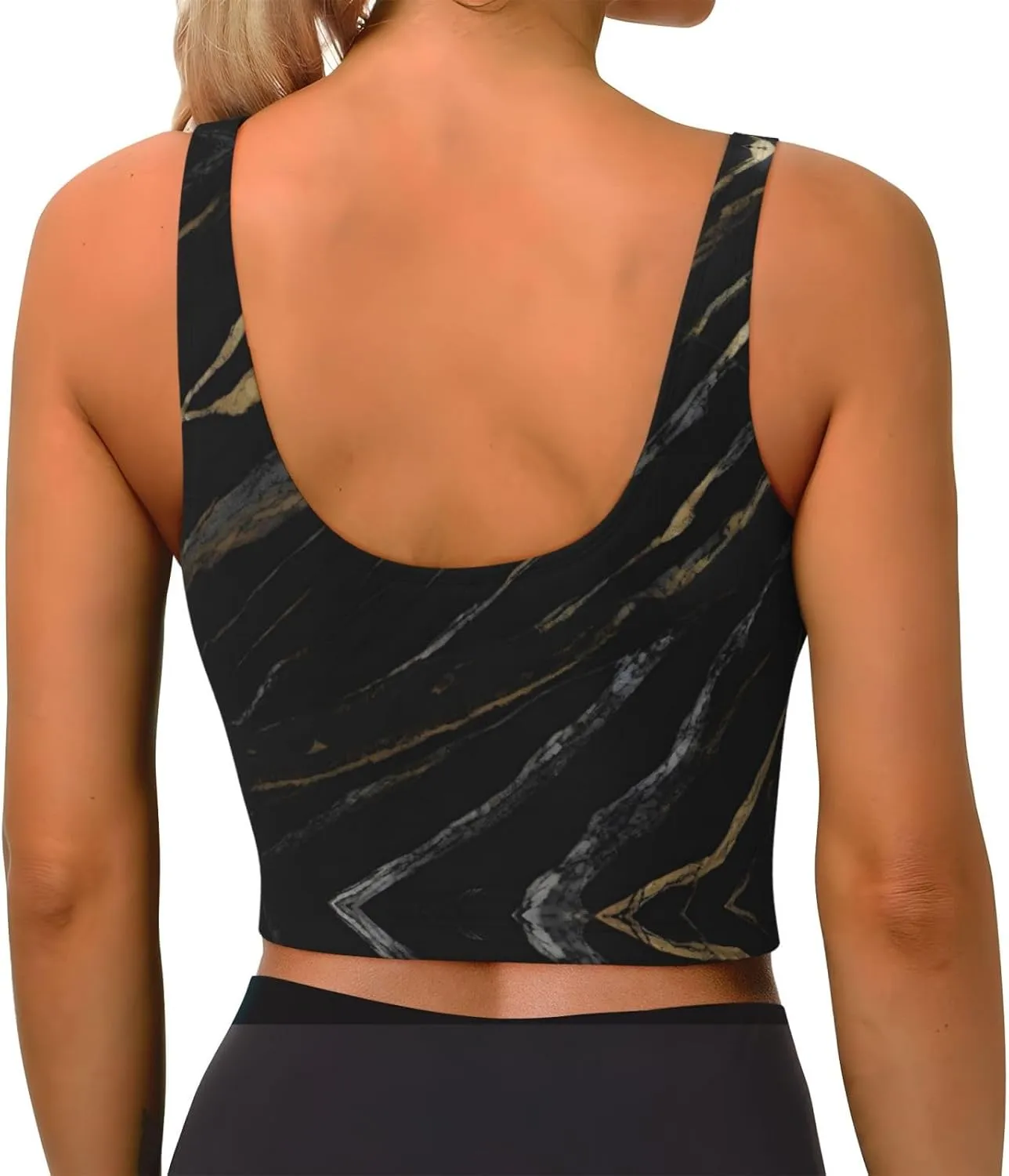 Black Gold Textured Marble Women's Sexy Sports Vest Sleeveless Athletic Gym T-Shirts Vest U-Shaped Back Quick Dry Top