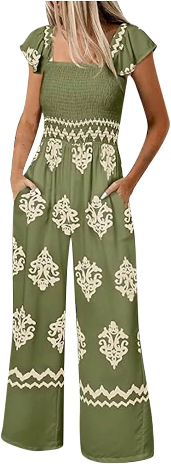 Boho Jumpsuits for Women Dressy Floral Wide Leg Jumpsuit Summer Short Sleeve Jumpsuit Square Neck Overalls with Pockets